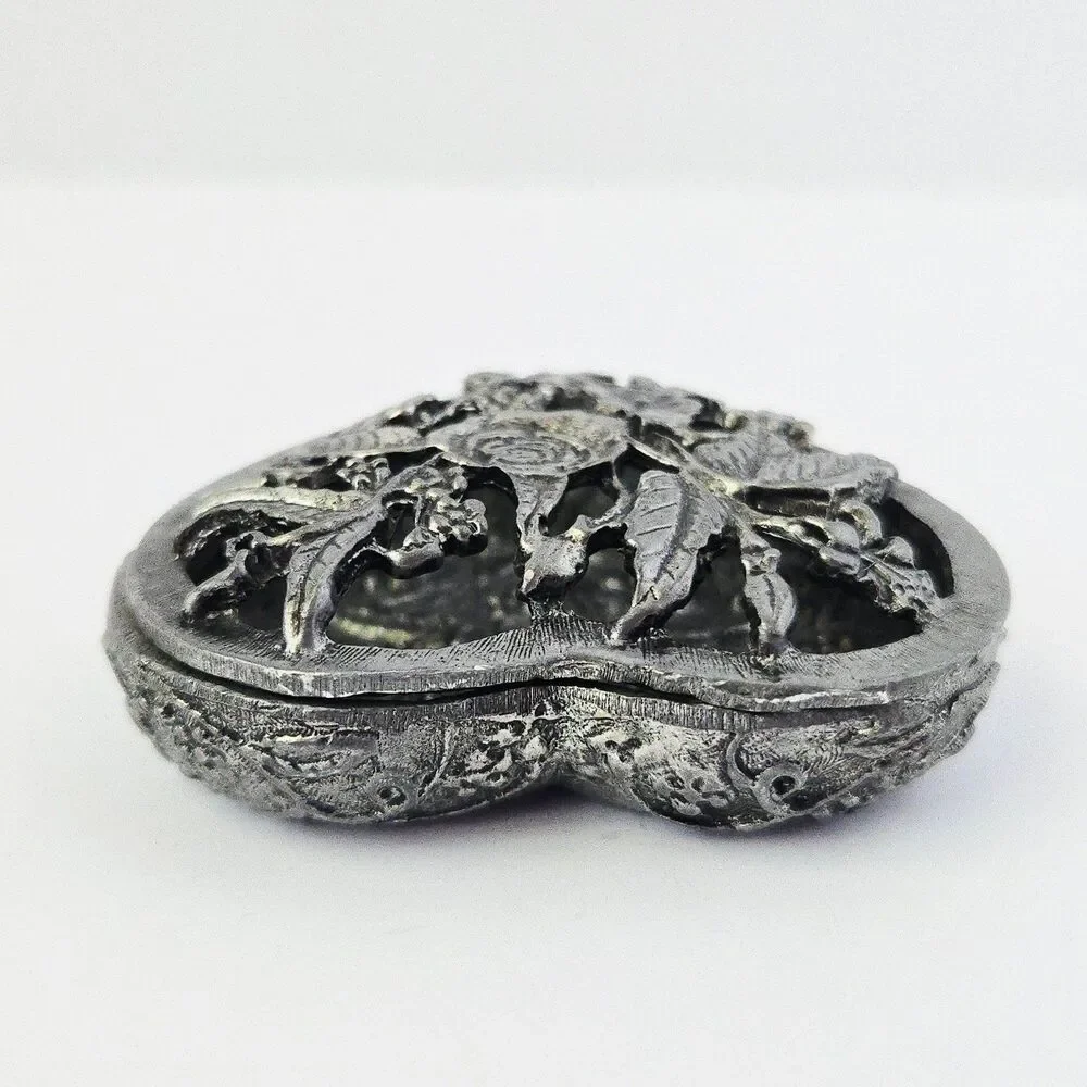 Vintage Metzke Heart Shape Pewter Trinket Jewelry Box Pewter Roses Floral 70s